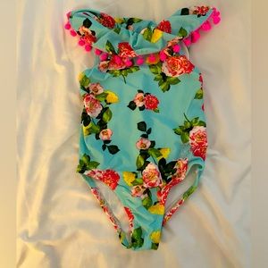 Betsey Johnson Toddler swimsuit 3t multicolored floral Pom poms